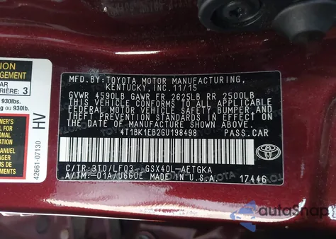 2016 Toyota Avalon Xle Premium from USA, damaged, VIN 4T1BK1EB2GU198498